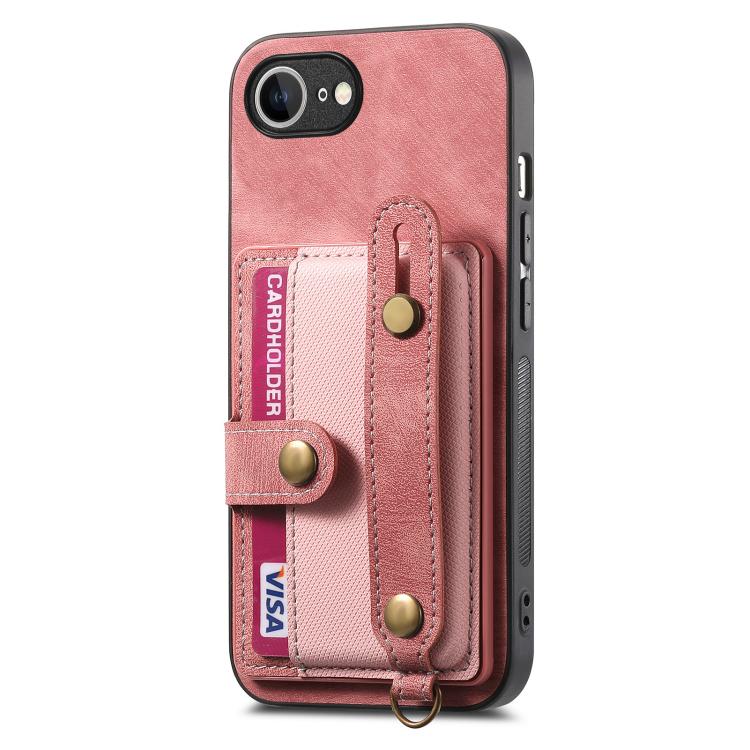 For iPhone 16e Retro Cross Wristband Wallet Leather Back Phone Case(Pink)