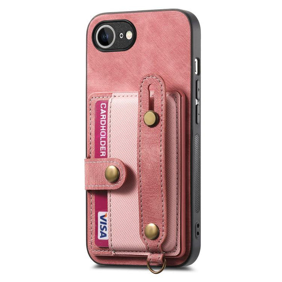 For iPhone 16e Retro Cross Wristband Wallet Leather Back Phone Case(Pink)