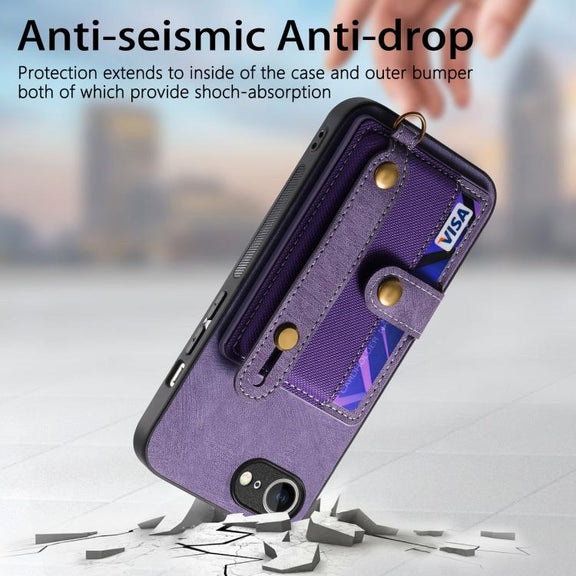 For iPhone 16e Retro Cross Wristband Wallet Leather Back Phone Case(Purple)