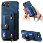 For iPhone 16e Retro Cross Wristband Wallet Leather Back Phone Case(Blue)