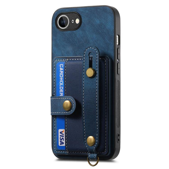 For iPhone 16e Retro Cross Wristband Wallet Leather Back Phone Case(Blue)