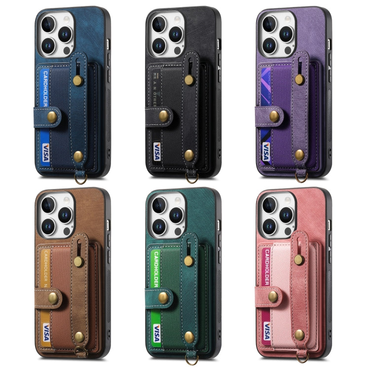 For iPhone 16e Retro Cross Wristband Wallet Leather Back Phone Case(Purple)