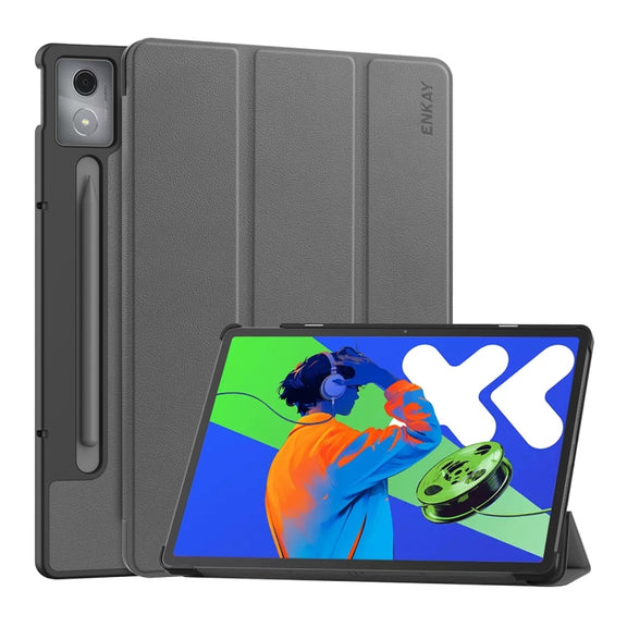For Lenovo Xiaoxin Pad Pro 12.7 2025 ENKAY Tri-fold Custer Texture Platic Leather Smart Tablet Case(Grey)