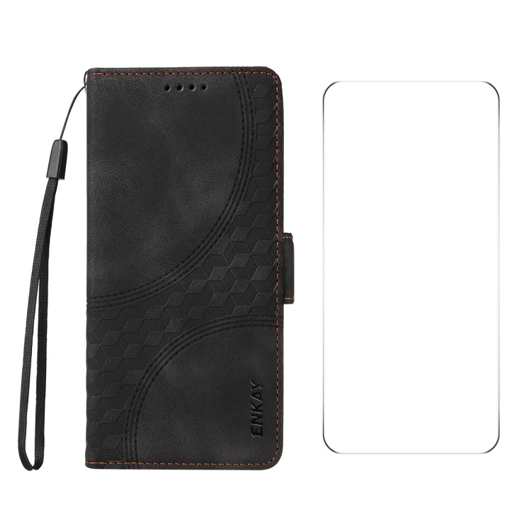 For iPhone 16 Plus ENKAY Embossed Rhombus Starry Leather Phone Case with Screen Film(Black)
