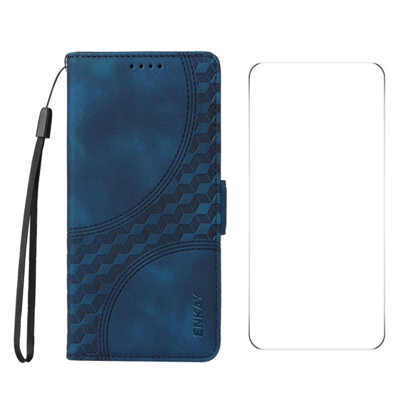 For iPhone 16 Plus ENKAY Embossed Rhombus Starry Leather Phone Case with Screen Film(Blue)