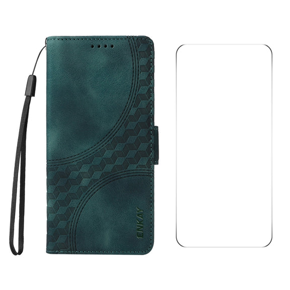 For iPhone 16 Plus ENKAY Embossed Rhombus Starry Leather Phone Case with Screen Film(Green)
