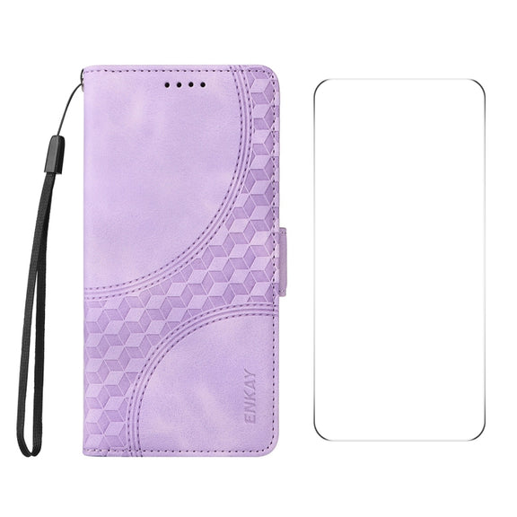 For iPhone 16 Plus ENKAY Embossed Rhombus Starry Leather Phone Case with Screen Film(Purple)