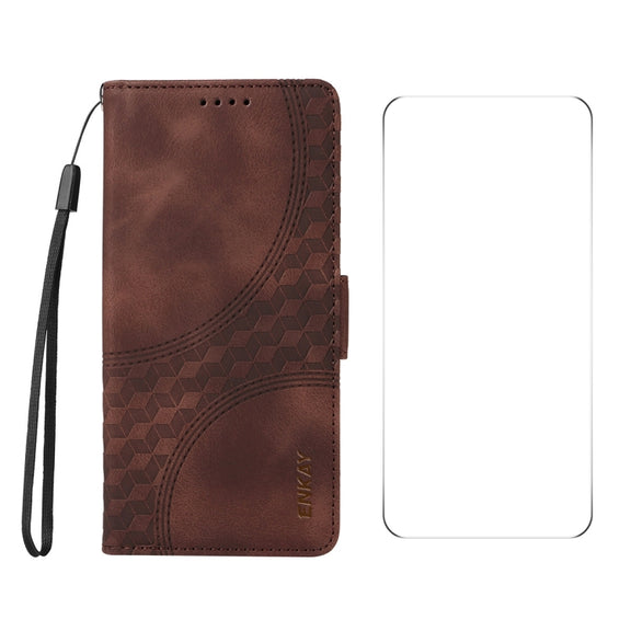 For iPhone 16 Plus ENKAY Embossed Rhombus Starry Leather Phone Case with Screen Film(Brown)