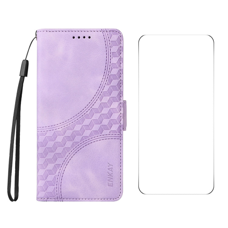 For iPhone 16 Pro Max ENKAY Embossed Rhombus Starry Leather Phone Case with Screen Film(Purple)