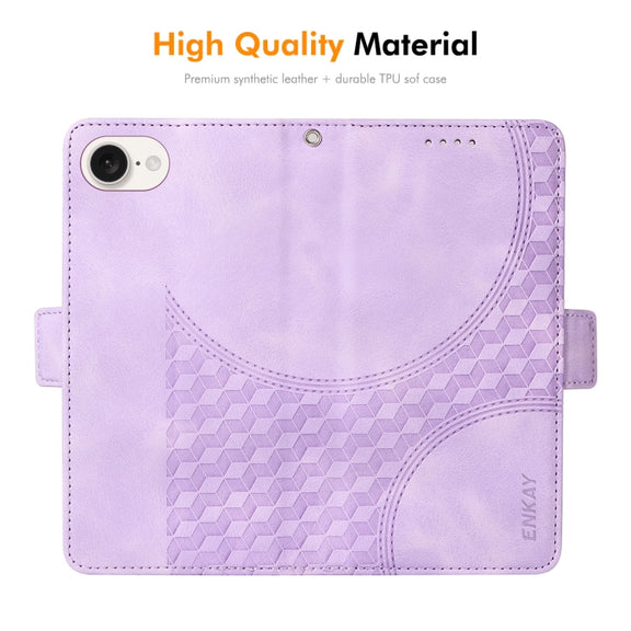 For iPhone 16e ENKAY Embossed Rhombus Starry Leather Phone Case with Screen Film(Purple)