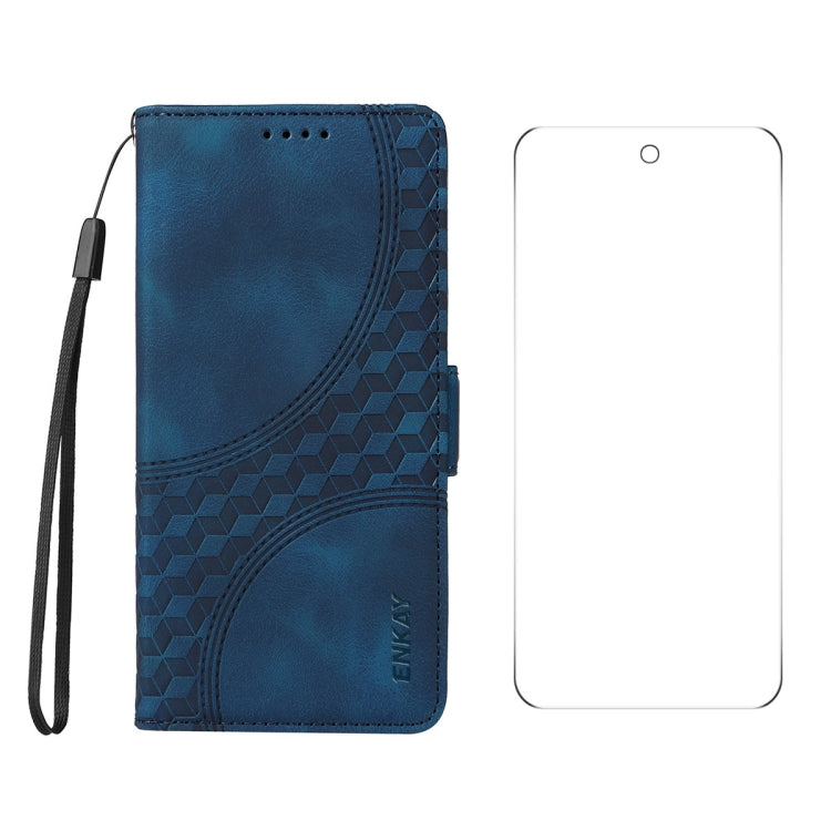 For Google Pixel 9 Pro ENKAY Embossed Rhombus Starry Leather Phone Case with Screen Film(Blue)