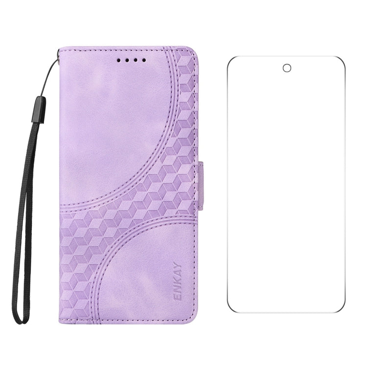 For Google Pixel 9 Pro ENKAY Embossed Rhombus Starry Leather Phone Case with Screen Film(Purple)