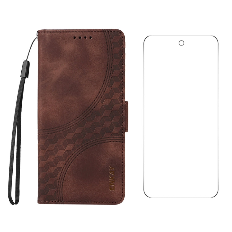 For Google Pixel 9 Pro ENKAY Embossed Rhombus Starry Leather Phone Case with Screen Film(Brown)