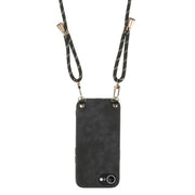For  iPhone 16e Vintage Leather PC Back Cover Phone Case with Crossbody Strap(Black)