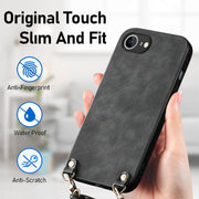 For  iPhone 16e Vintage Leather PC Back Cover Phone Case with Crossbody Strap(Black)
