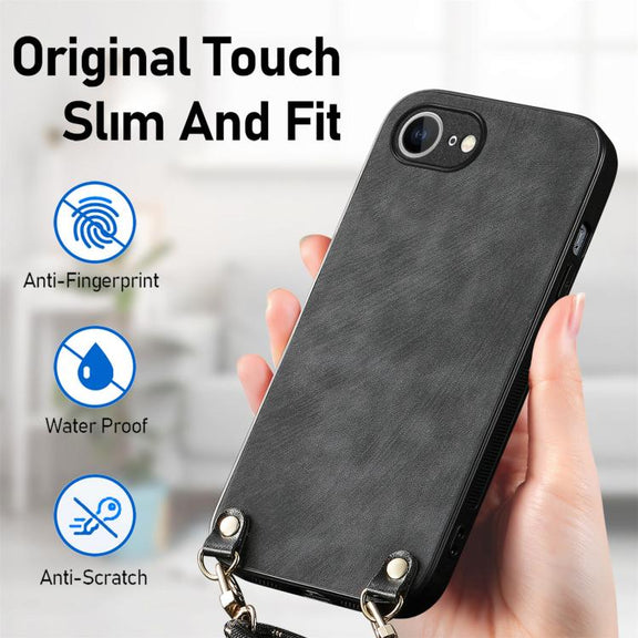 For  iPhone 16e Vintage Leather PC Back Cover Phone Case with Crossbody Strap(Black)