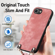 For  iPhone 16e Vintage Leather PC Back Cover Phone Case with Crossbody Strap(Pink)