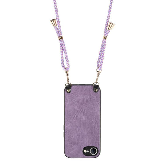 For  iPhone 16e Vintage Leather PC Back Cover Phone Case with Crossbody Strap(Purple)