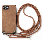 For  iPhone 16e Vintage Leather PC Back Cover Phone Case with Crossbody Strap(Brown)