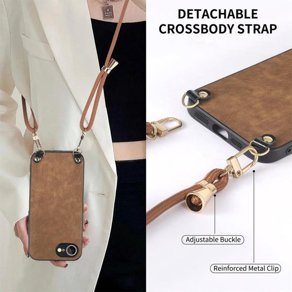 For  iPhone 16e Vintage Leather PC Back Cover Phone Case with Crossbody Strap(Brown)