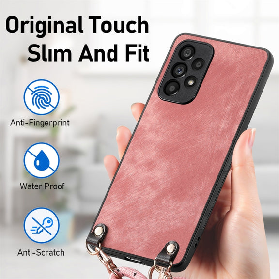 For Samsung Galaxy S25 5G Vintage Leather PC Back Cover Phone Case with Crossbody Strap(Pink)