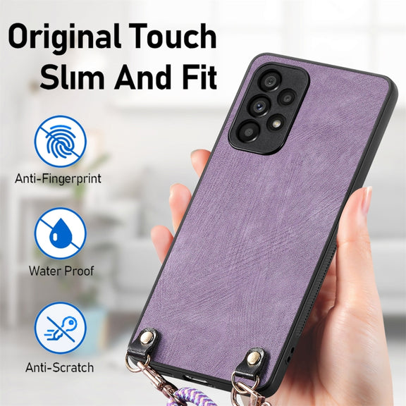 For Samsung Galaxy S25 5G Vintage Leather PC Back Cover Phone Case with Crossbody Strap(Purple)