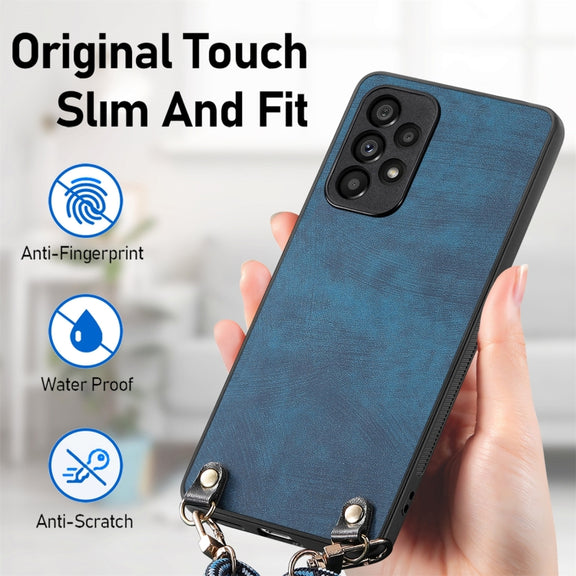 For Samsung Galaxy S25+ 5G Vintage Leather PC Back Cover Phone Case with Crossbody Strap(Blue)