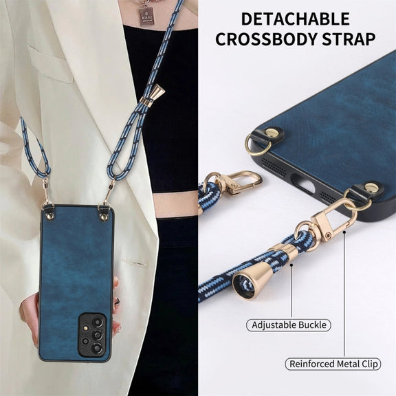 For Samsung Galaxy S25+ 5G Vintage Leather PC Back Cover Phone Case with Crossbody Strap(Blue)