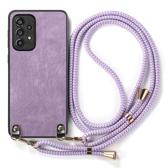 For Samsung Galaxy S25+ 5G Vintage Leather PC Back Cover Phone Case with Crossbody Strap(Purple)