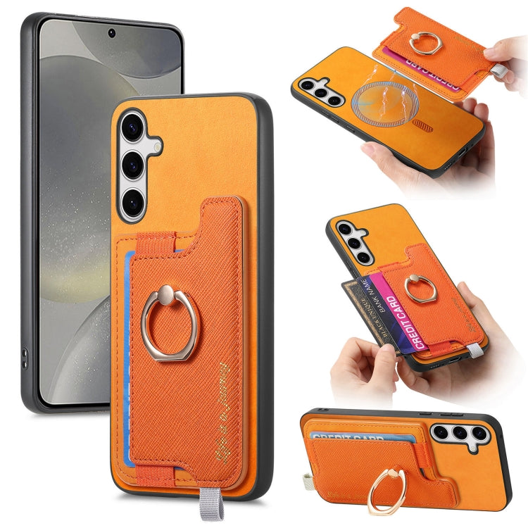 For Samsung Galaxy S25 5G Retro Cross Leather Ring Horizontal Insert Card Bag MagSafe Phone Case(Yellow)