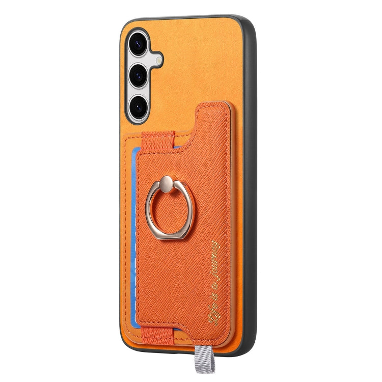 For Samsung Galaxy S25 5G Retro Cross Leather Ring Horizontal Insert Card Bag MagSafe Phone Case(Yellow)