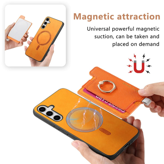 For Samsung Galaxy S25 5G Retro Cross Leather Ring Horizontal Insert Card Bag MagSafe Phone Case(Yellow)