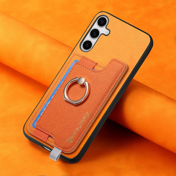 For Samsung Galaxy S25 5G Retro Cross Leather Ring Horizontal Insert Card Bag MagSafe Phone Case(Yellow)