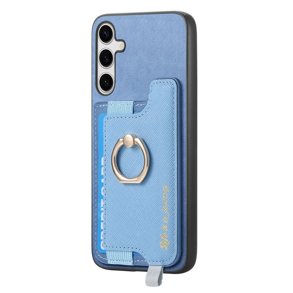 For Samsung Galaxy S25 5G Retro Cross Leather Ring Horizontal Insert Card Bag MagSafe Phone Case(Blue)