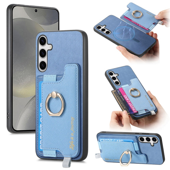 For Samsung Galaxy S25 5G Retro Cross Leather Ring Horizontal Insert Card Bag MagSafe Phone Case(Blue)