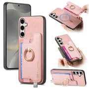 For Samsung Galaxy S25 5G Retro Cross Leather Ring Horizontal Insert Card Bag MagSafe Phone Case(Pink)