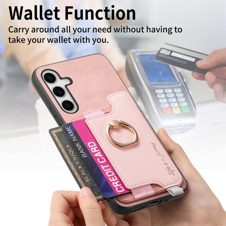 For Samsung Galaxy S25 5G Retro Cross Leather Ring Horizontal Insert Card Bag MagSafe Phone Case(Pink)