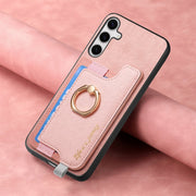 For Samsung Galaxy S25 5G Retro Cross Leather Ring Horizontal Insert Card Bag MagSafe Phone Case(Pink)