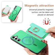 For Samsung Galaxy S25 5G Retro Cross Leather Ring Horizontal Insert Card Bag MagSafe Phone Case(Green)