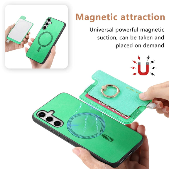 For Samsung Galaxy S25 5G Retro Cross Leather Ring Horizontal Insert Card Bag MagSafe Phone Case(Green)