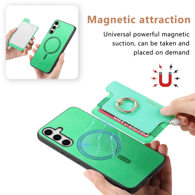 For Samsung Galaxy S25 5G Retro Cross Leather Ring Horizontal Insert Card Bag MagSafe Phone Case(Green)