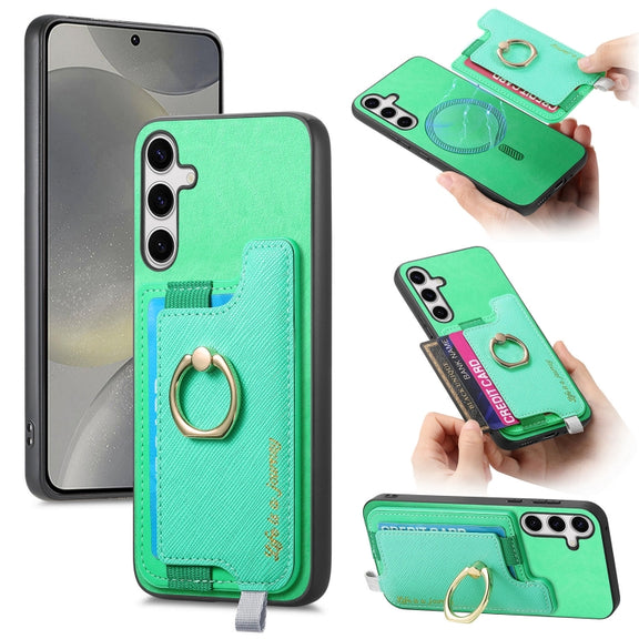 For Samsung Galaxy S25 5G Retro Cross Leather Ring Horizontal Insert Card Bag MagSafe Phone Case(Green)