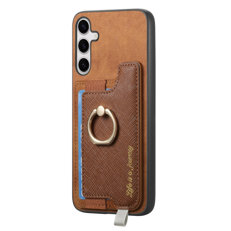 For Samsung Galaxy S25 5G Retro Cross Leather Ring Horizontal Insert Card Bag MagSafe Phone Case(Brown)