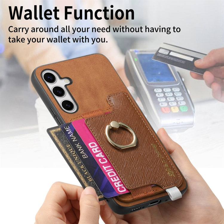 For Samsung Galaxy S25 5G Retro Cross Leather Ring Horizontal Insert Card Bag MagSafe Phone Case(Brown)