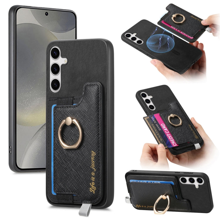 For Samsung Galaxy S25 5G Retro Cross Leather Ring Horizontal Insert Card Bag MagSafe Phone Case(Black)