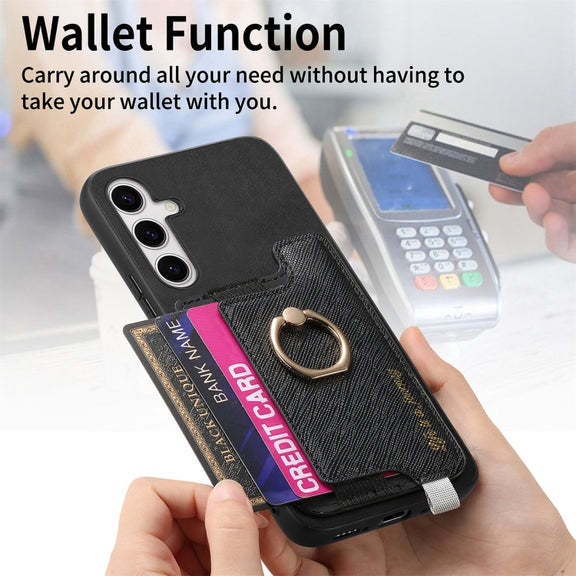 For Samsung Galaxy S25 5G Retro Cross Leather Ring Horizontal Insert Card Bag MagSafe Phone Case(Black)