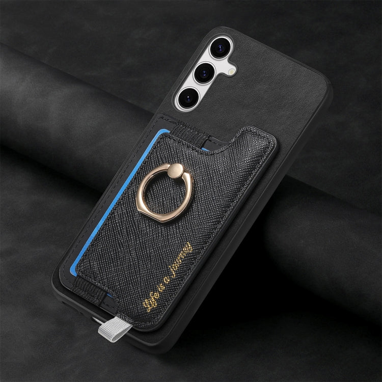 For Samsung Galaxy S25 5G Retro Cross Leather Ring Horizontal Insert Card Bag MagSafe Phone Case(Black)