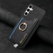 For Samsung Galaxy S25 5G Retro Cross Leather Ring Horizontal Insert Card Bag MagSafe Phone Case(Black)