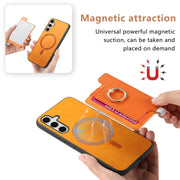 For Samsung Galaxy S25+ 5G Retro Cross Leather Ring Horizontal Insert Card Bag MagSafe Phone Case(Yellow)