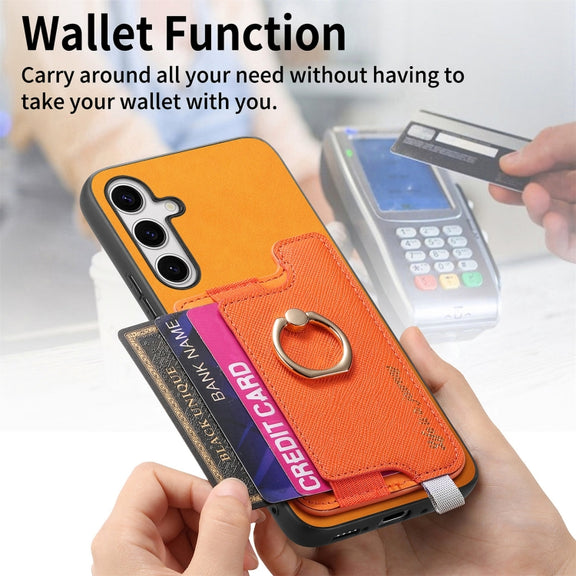 For Samsung Galaxy S25+ 5G Retro Cross Leather Ring Horizontal Insert Card Bag MagSafe Phone Case(Yellow)